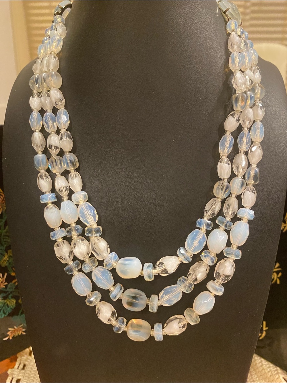 JAPAN Multi-Strand Opalescent Bead Necklace - White Blue Hues Opalite Glass